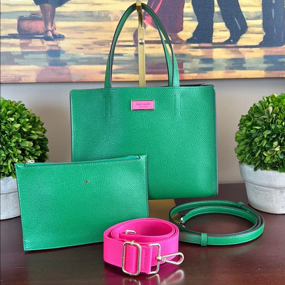 KATE SPADE ♠️ New York "Sam"💚GREEN BEAN💚MEDIUM SATCHEL BAG & POUCH🌟LIKE NEW🌟 - Picture 4 of 17
